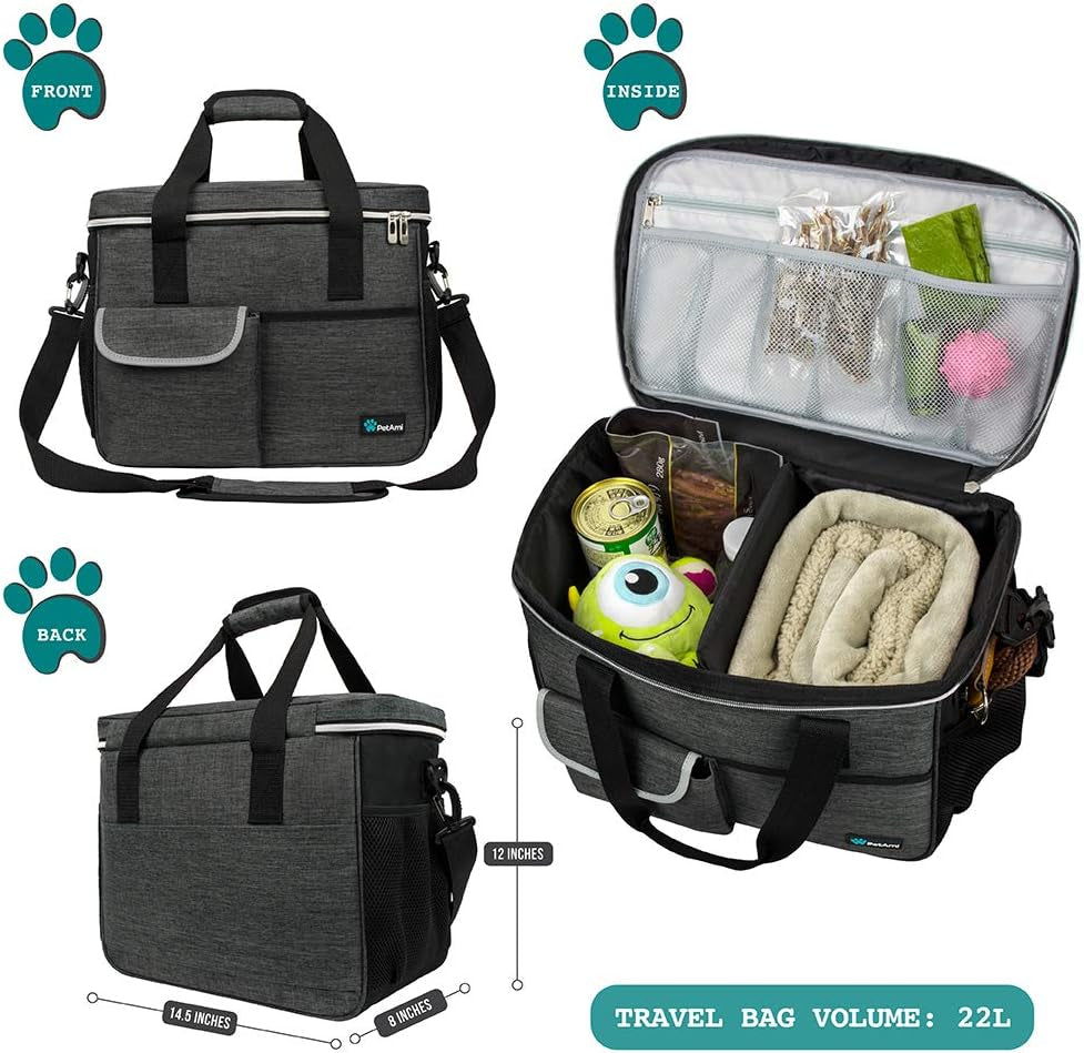 Dog Travel Bag, Travel Pet Bag Organizer, Dog Food Travel Bag with Container Collapsible Bowls, Pet Travel Supplies Gift Accessories for Weekend Camping, Puppy Cat Diaper Bag, Charcoal Medium