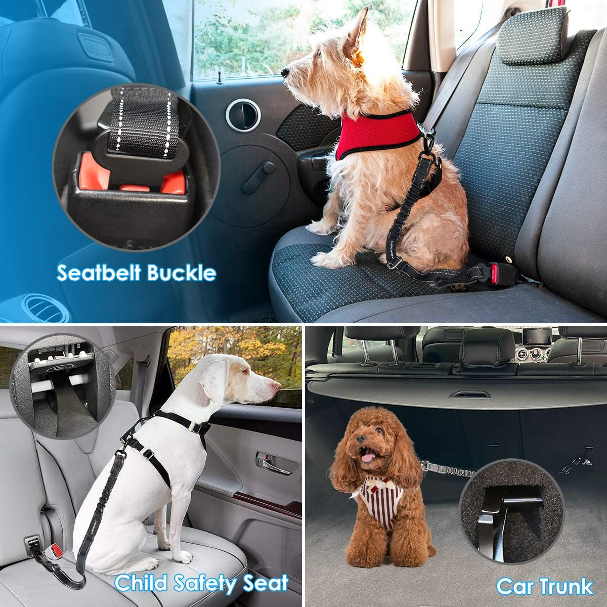 3-In-1 Dog Seat Belt for Car, 2 Pack Adjustable Bungee Dog Car Harness with Seatbelt Buckle & Latch Hook, Reflective & 360° Swivel Heavy Duty Pet Safety Belts for Dogs and Cats
