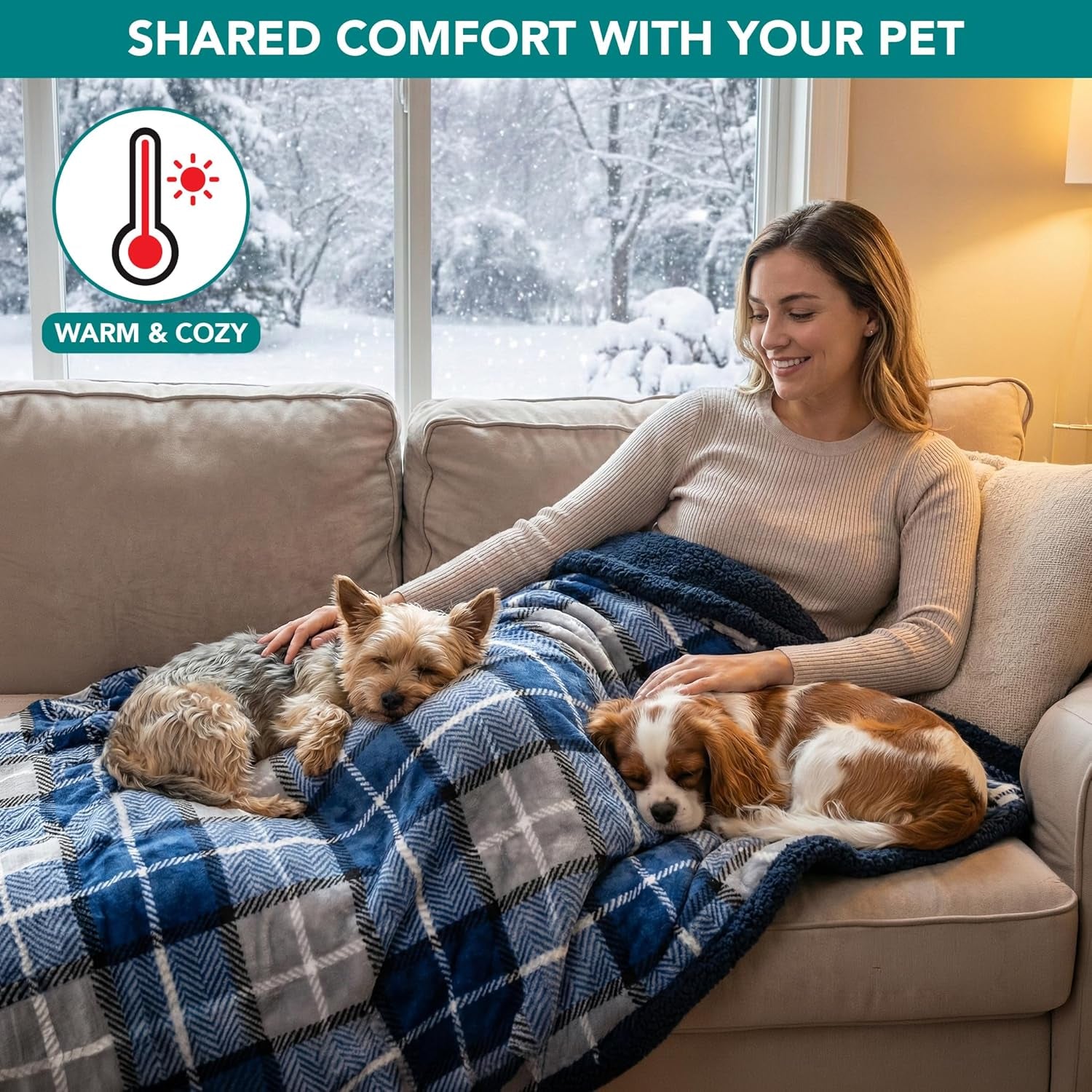 Waterproof Dog Blanket for Couch, Pee Proof Sherpa Fleece Reversible Pet Throw, Furniture Protector for Bed Sofa Kennel, Soft Washable Cover for Small Medium Dog Puppy Cat, 29X40 Plaid Blue