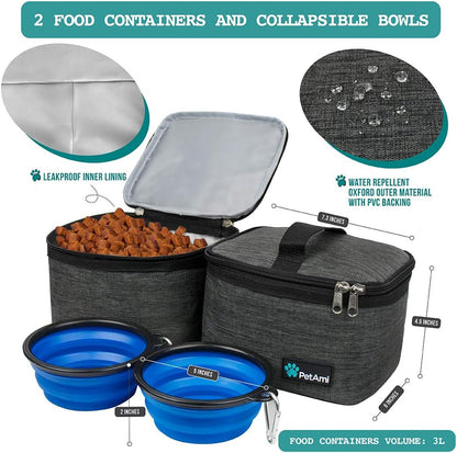 Dog Travel Bag, Travel Pet Bag Organizer, Dog Food Travel Bag with Container Collapsible Bowls, Pet Travel Supplies Gift Accessories for Weekend Camping, Puppy Cat Diaper Bag, Charcoal Medium
